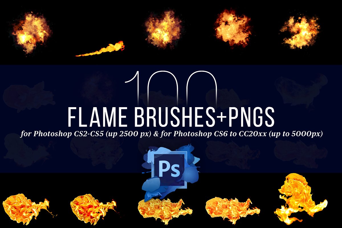 100 Photoshop Flame Brushes + PNGs – 100 file PNG lửa + Brush
