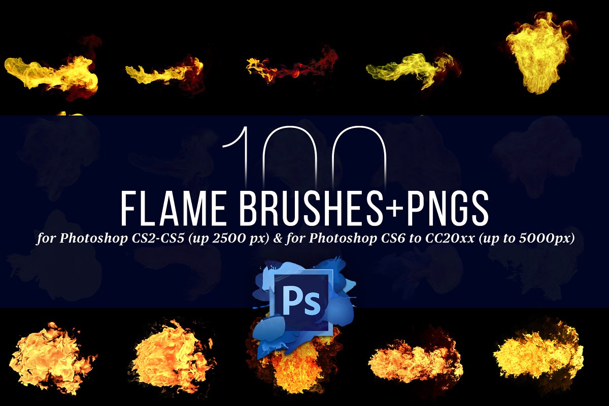 100 Photoshop Flame Brushes + PNGs – 100 file PNG lửa + Brush