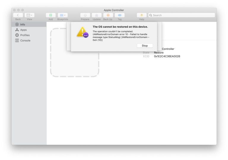 bridgeos-restore-error-10-1 DFU + Apple Configurator 2 – Công cụ Restore, sửa lỗi firmware trên Chip Apple T2