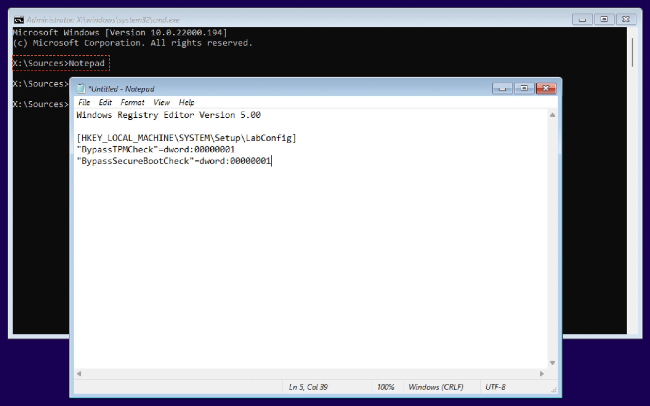 create-bypass-file-in-notepad Cách cài Windows 11 trên Mac Intel không cần Bootcamp