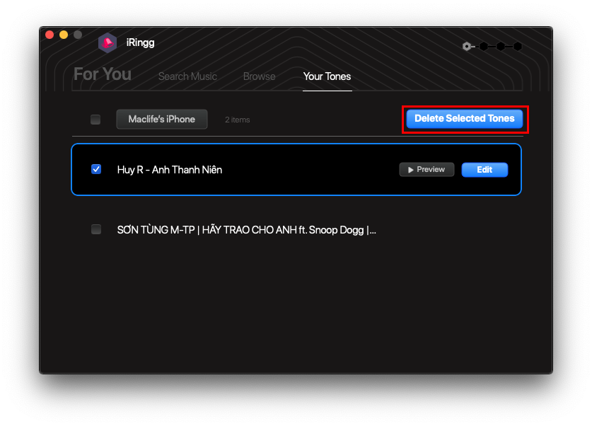 delete-ringtone-iphone Hướng dẫn tạo & chép nhạc chuông cho iPhone trên Mac cực dễ với iRingg