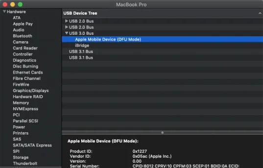 dfu-mode-showing-in-system-information DFU + Apple Configurator 2 – Công cụ Restore, sửa lỗi firmware trên Chip Apple T2