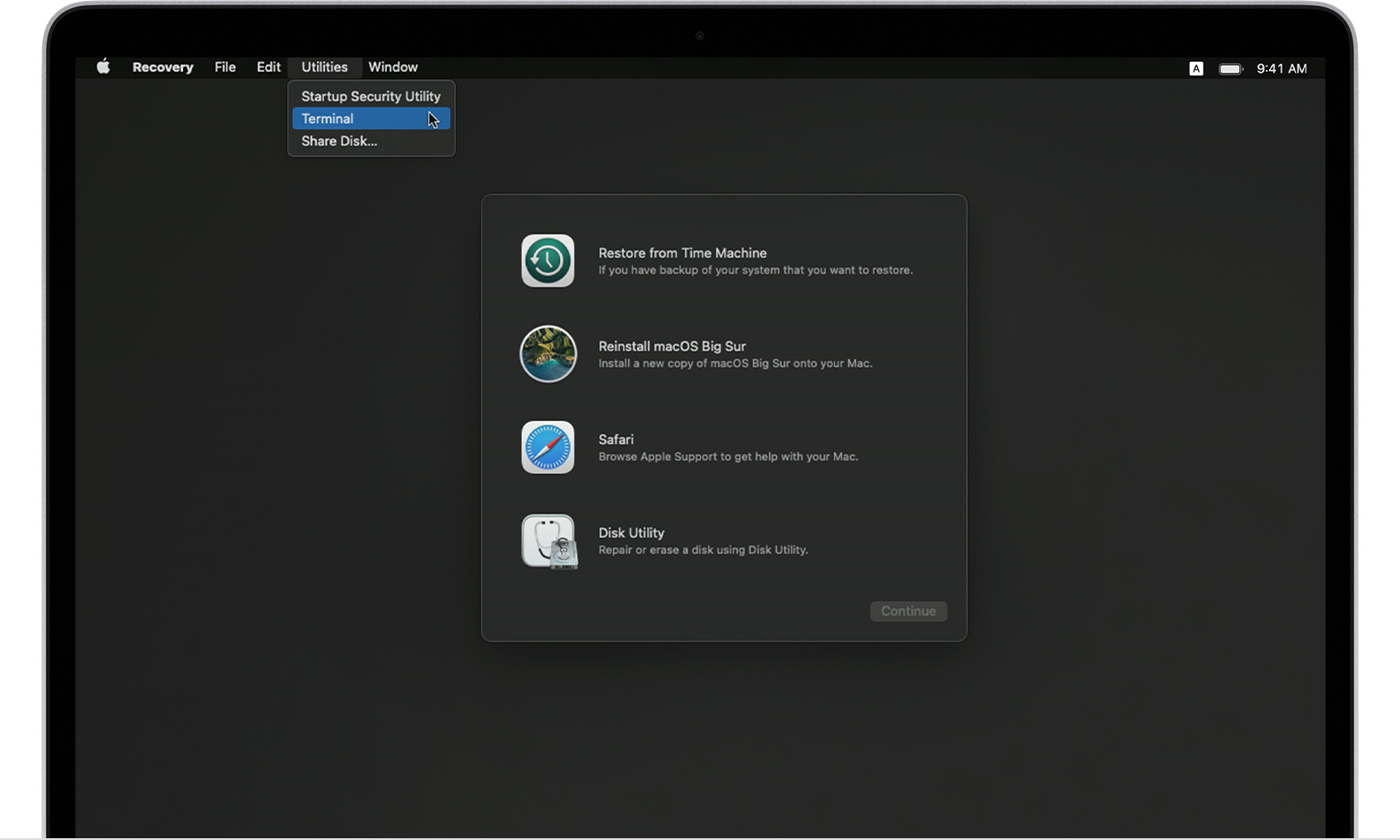 macos-big-sur-as-recovery-menu-utilities-terminal-2 Cài lại macOS trên Mac Silicon (M1) “sạch trơn” bằng macOS Recovery