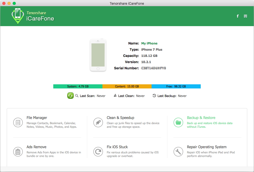 Tenorshare Icarefone – Tiện ích quản lý, tăng tốc, làm sạch iOS
