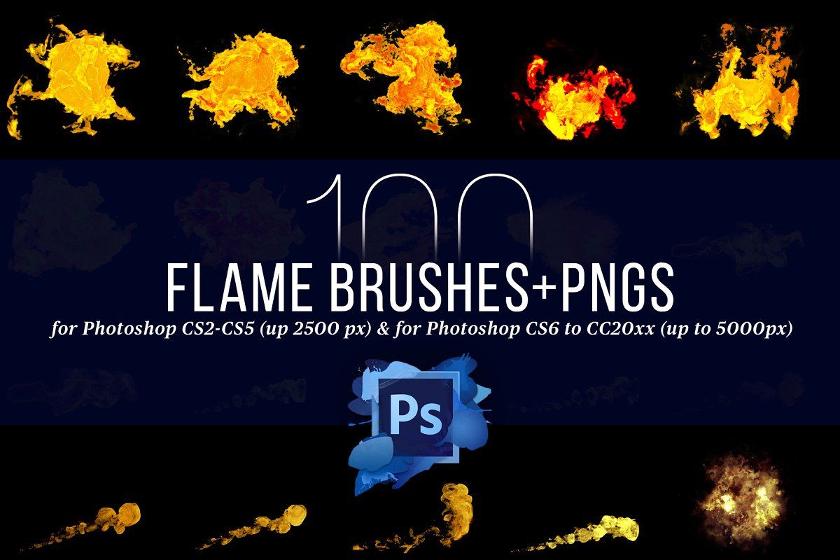 100 Photoshop Flame Brushes + PNGs – 100 file PNG lửa + Brush