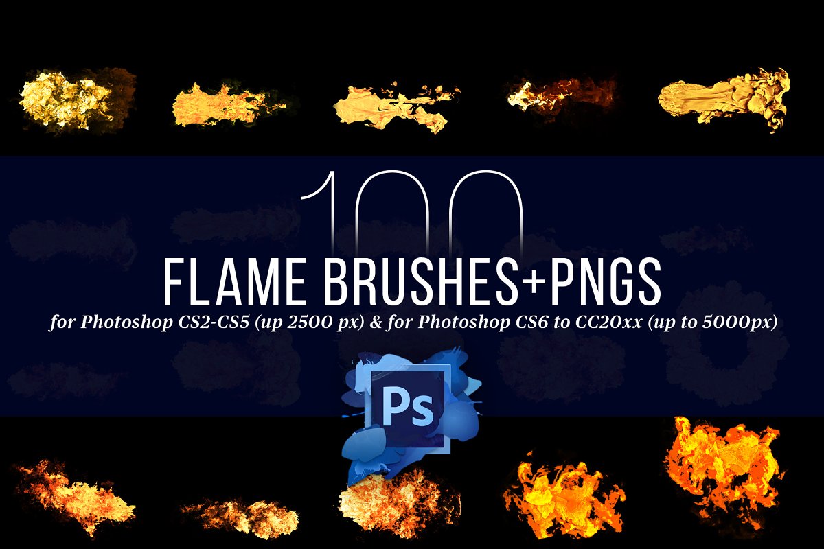 100 Photoshop Flame Brushes + PNGs – 100 file PNG lửa + Brush