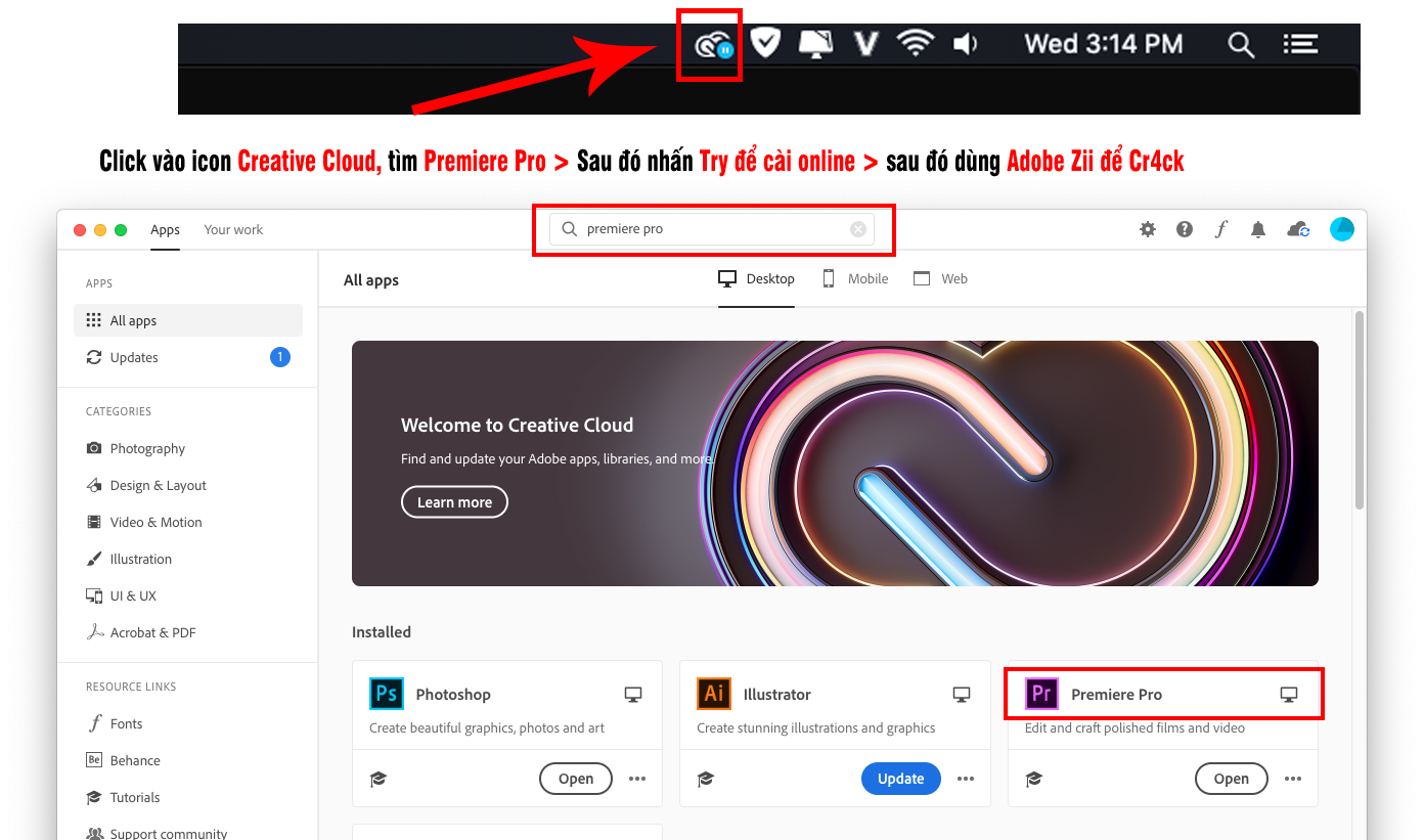 Tải bộ ứng dụng Adobe trực tiếp trên Adobe Creative Cloud