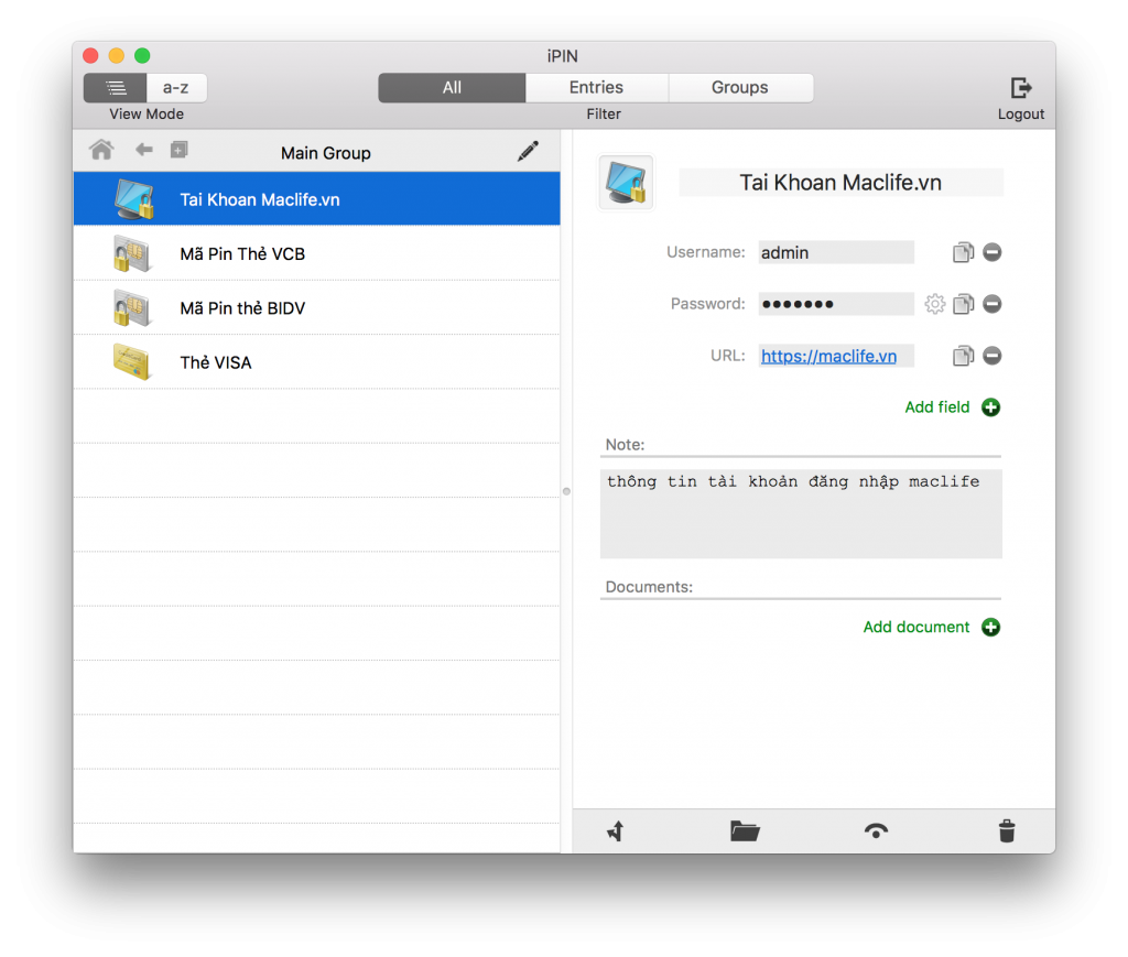 iPIN – Phần mềm lưu mã Pin và mật khẩu an toàn