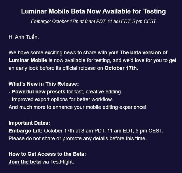 [Testflight] Luminar Mobile Lifetime