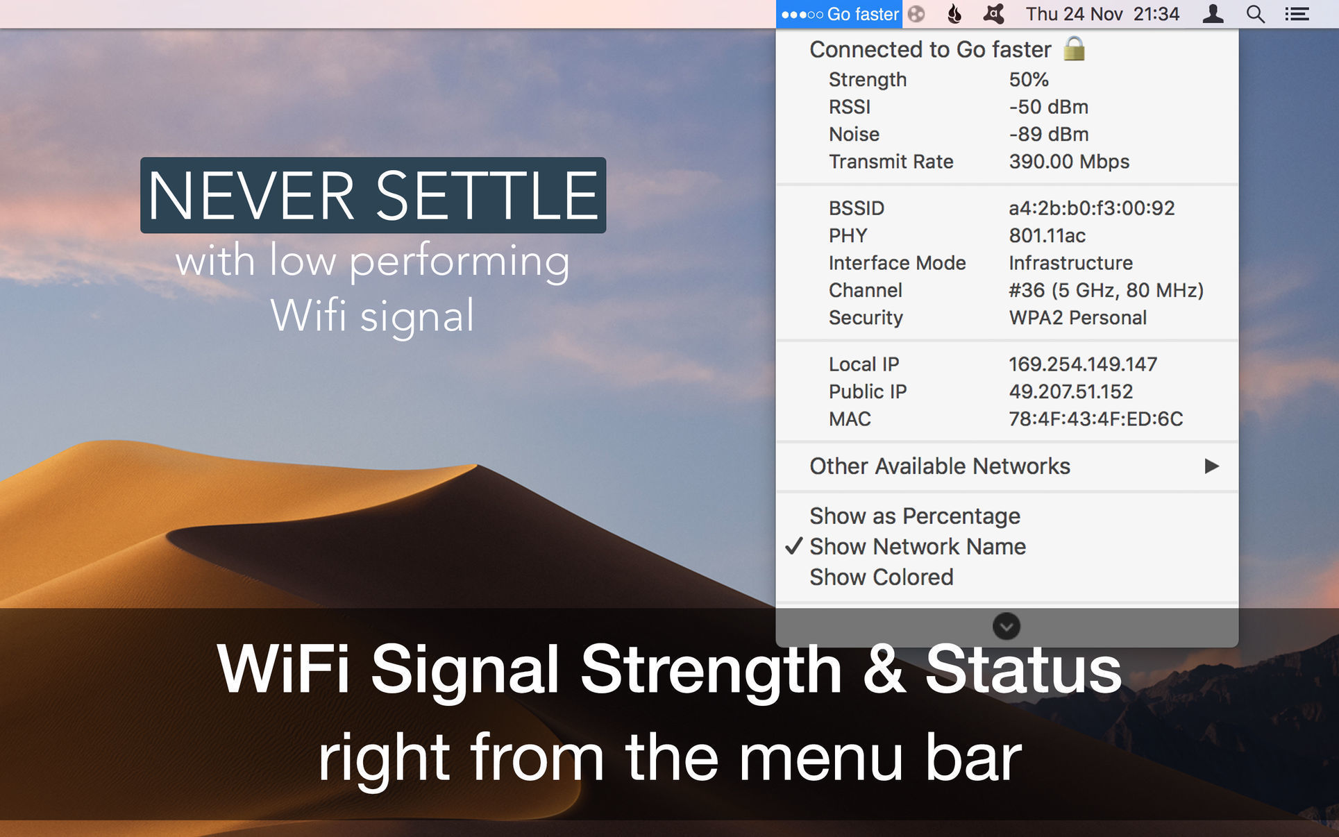 WiFi Signal Strength Explorer – Xem đầy đủ thông tin mạng Wifi trên thanh menu